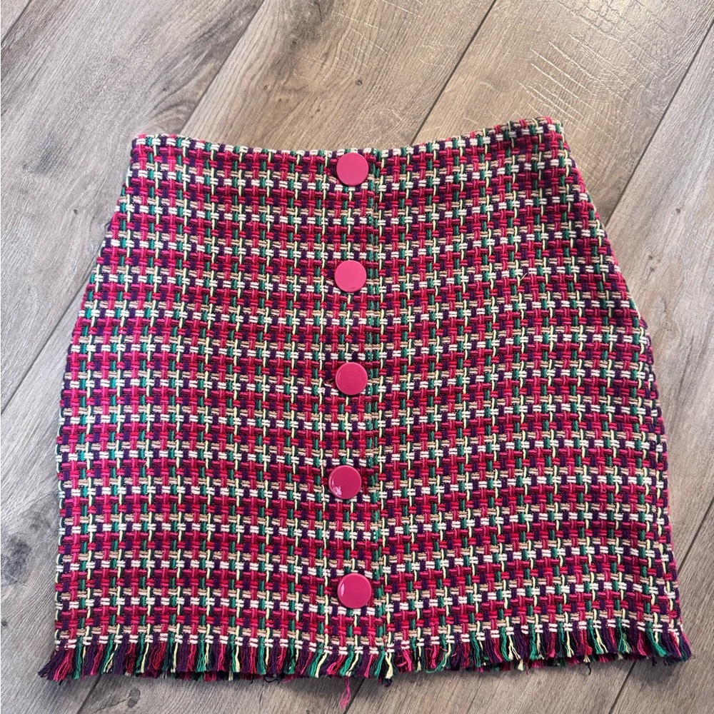 Zara Multicolor Tweed Mini Skirt with Pink Buttons